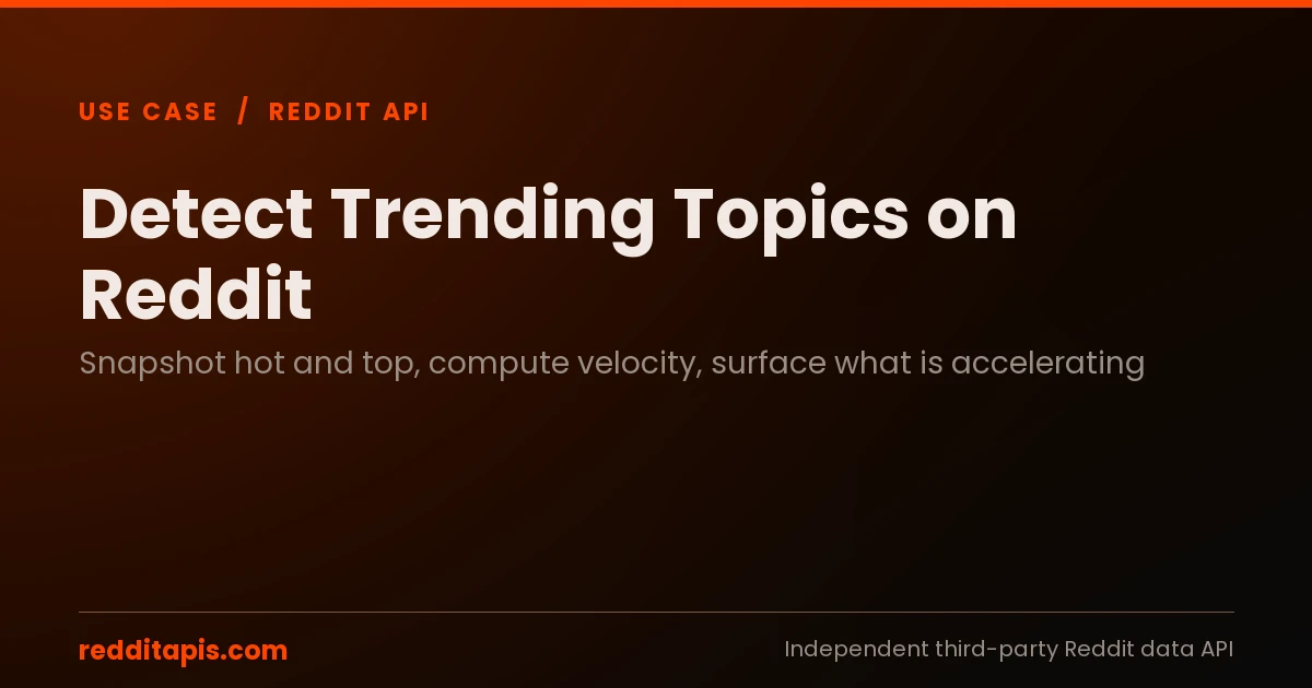 Independent third-party guide to detecting trending topics on Reddit with a production REST API, snapshotting hot and top listings, computing score and comment velocity between polls, and surfacing rising posts and subreddits