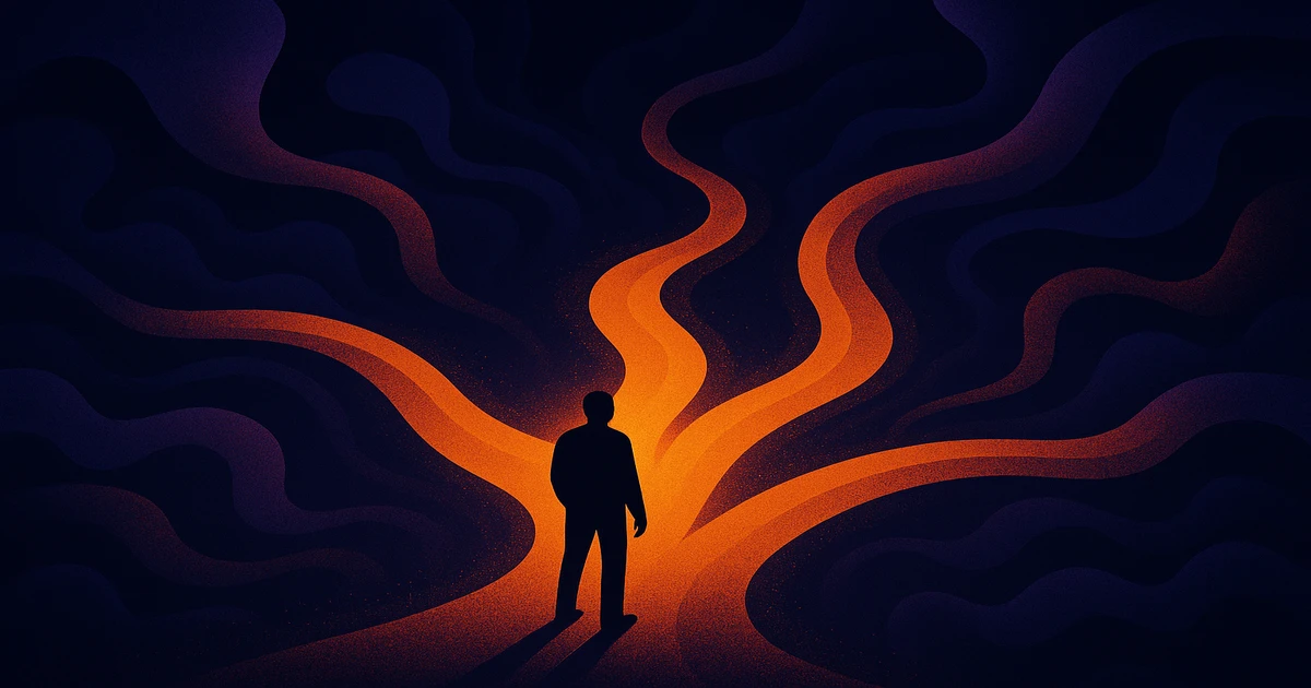 How to scrape Reddit in 2026 cover: surreal editorial illustration of a figure choosing between diverging data streams in orange and deep blue, redditapis.com not affiliated with Reddit Inc