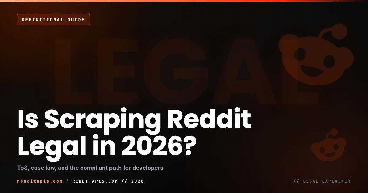 Is scraping Reddit legal in 2026: an honest developer guide to the Reddit User Agreement, the Data API terms, the Reddit v. Perplexity lawsuit, CFAA and copyright case law, and the low-risk path to Reddit data. redditapis.com is an independent third-party not affiliated with Reddit Inc