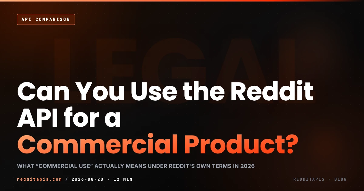 Can you use the Reddit API for a commercial product in 2026: what counts as commercial use under Reddit's Data API Terms, with real examples and the compliant path. redditapis.com is an independent third-party not affiliated with Reddit Inc
