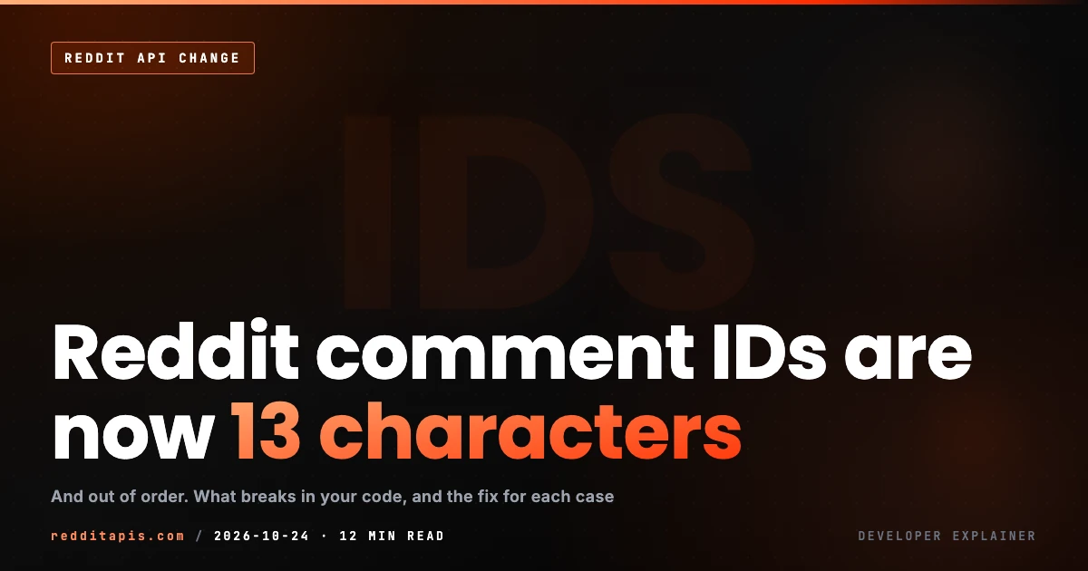 Reddit Comment IDs Are Now 13 Characters and Out of Order: What Breaks in Your Code Reddit comment IDs are now 13 characters cover, an independent developer explainer from redditapis.com, a third-party API not affiliated with Reddit Inc