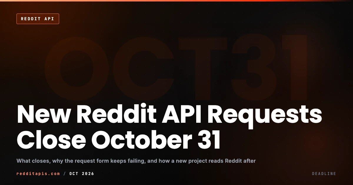 Reddit Data API requests close October 31, 2026 cover, an independent explainer from redditapis.com, a third-party API not affiliated with Reddit Inc