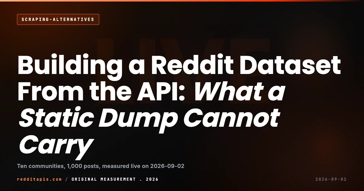 Building a Reddit Dataset From the API: What You Get That a Static Dump Does Not Guide to building a Reddit dataset from the public data API in 2026, comparing measured freshness, field counts, record mutability and coverage against the monthly static data dumps