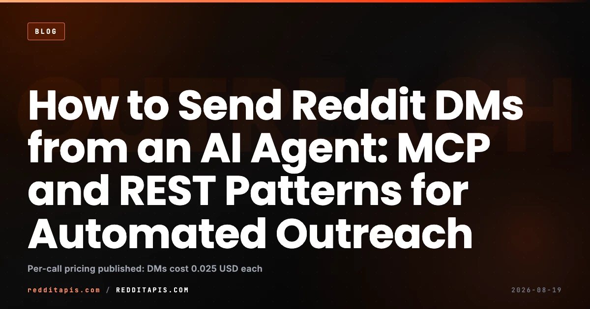 Independent third-party guide to wiring an AI agent's MCP tool-use loop to send Reddit DMs via REST for automated outreach