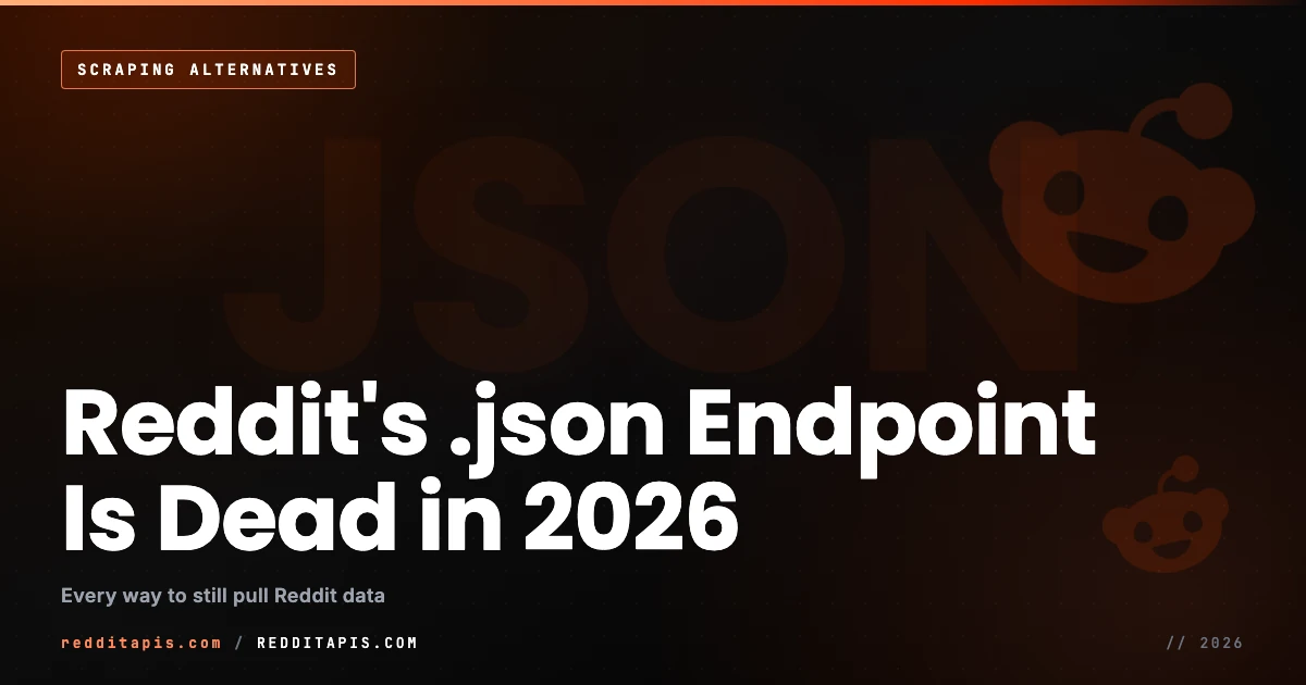 Reddit's public .json endpoint is dead in 2026: a developer migration guide to every current way to still pull Reddit data, the official Data API and its approval gate, your own OAuth app, PullPush and Arctic Shift for historical data, a managed REST API, data dumps, and headless scraping, with the tradeoffs. redditapis.com is an independent third-party not affiliated with Reddit Inc