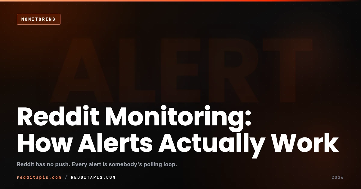 Reddit Monitoring in 2026: How Alerts Actually Work, What They Miss, and How to Cut the Noise Independent guide to how Reddit monitoring works in 2026, covering polling cadence, alert latency, keyword noise, coverage gaps, and pricing models